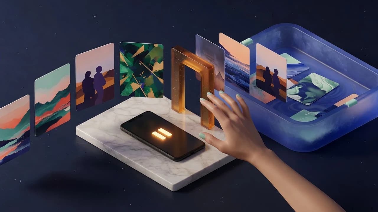 A hand hesitates before an amber pause gate between a phone and a blue reset pool