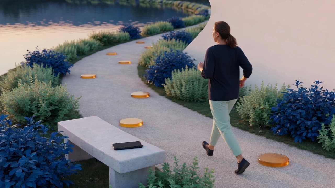 A relaxed runner follows pause markers along a path beside a phone left on a bench