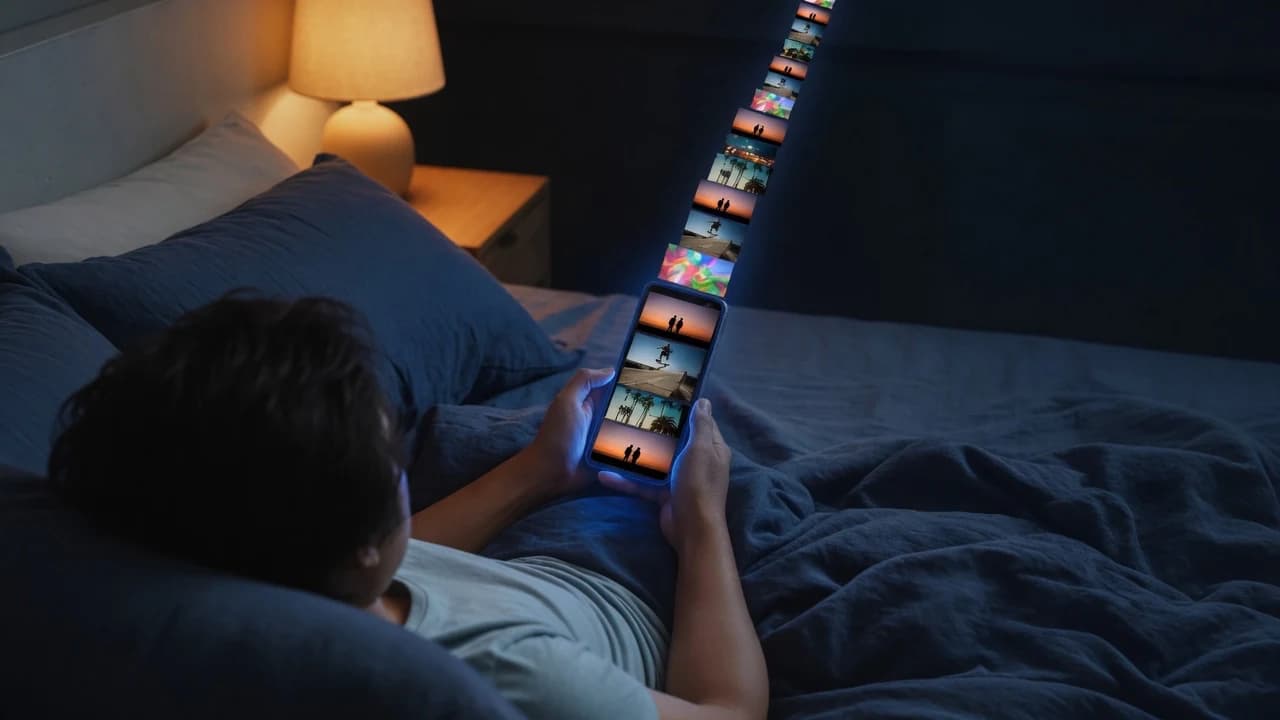 A tired viewer in bed follows a vertical stream of short videos late at night